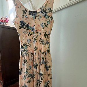 Vintage Cotton Floral Ballet Summer Dress Cottage Drop Waist Pleat Midi